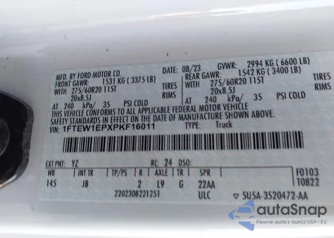 2023 Ford F-150 Xl z USA, uszkodzony, nr VIN 1FTEW1EPXPKF16011